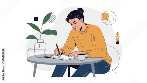 Young person writing in notebook at desk with plant and coffee cup, creative work