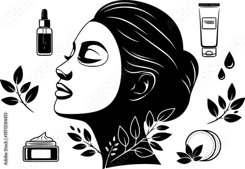 Silhouette of female spa facial routine with skincare elements and leaf accents
