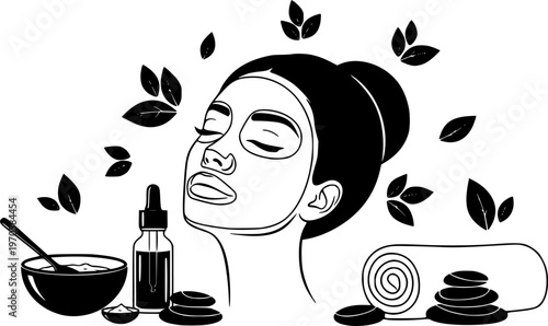 Silhouette of female spa facial routine with skincare elements and leaf accents
