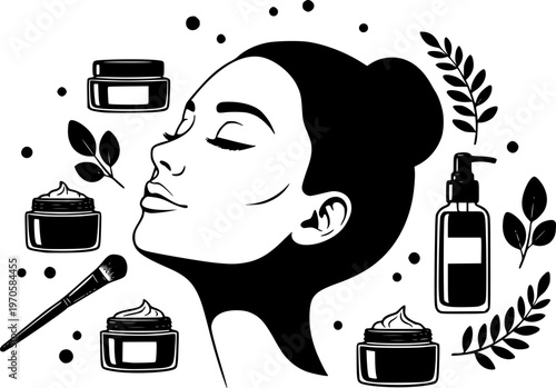 Silhouette of female spa facial routine with skincare elements and leaf accents
