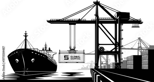 Cargo crane lifting container at port
