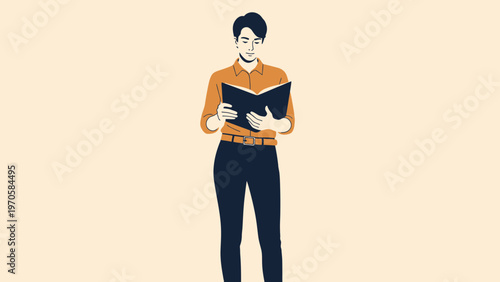Man Reading Book Standing, Minimalist Illustration, Business Education Concept