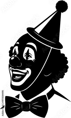 Silhouette of smiling clown with bow tie and party hat
