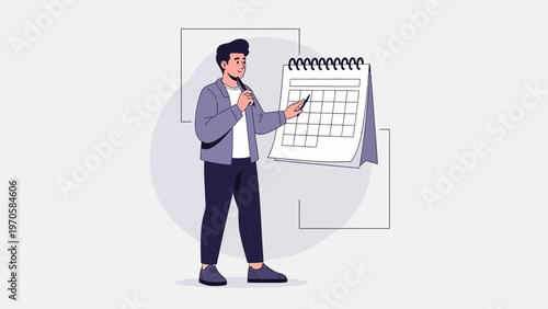 Man pointing at calendar, planning, scheduling, time management, business concept