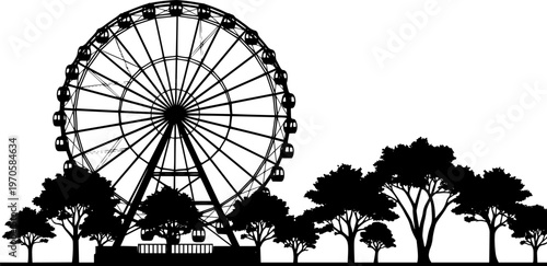Silhouette of ferris wheel with trees on white background
