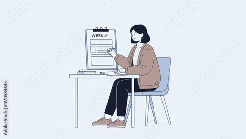 Woman planning weekly schedule at desk, minimalist illustration