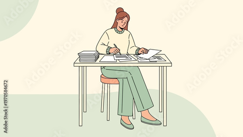 Woman working at desk with papers and pen, focused on tasks, minimalist illustration