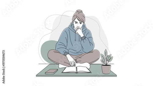 Thoughtful student studying, sitting cross-legged with book and laptop, minimalist illustration