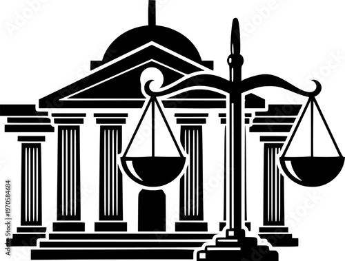 Courthouse icon with scales of justice on white background
