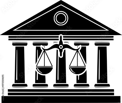 Courthouse icon with scales of justice on white background
