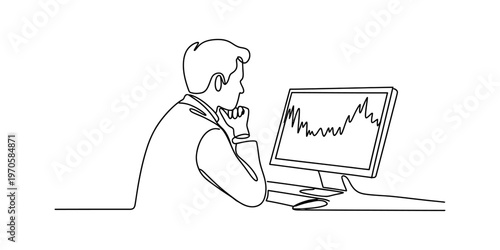 A continuous line drawing of a focused businessman analyzing stock market data on his computer Vector, illustration