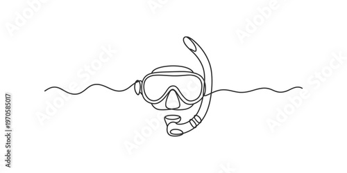 A single continuous line drawing featuring a scuba diving mask and snorkel on a white background Vector, illustration