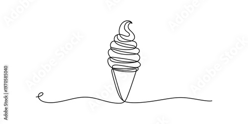 A minimalist single continuous line drawing of a delicious soft serve ice cream in a waffle cone Vector, illustration