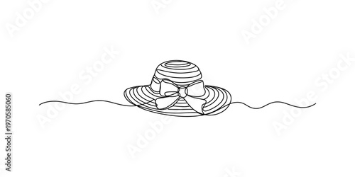 Minimalist continuous single line drawing of a summer straw hat with a decorative ribbon bow Vector, illustration
