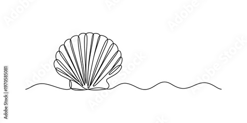 A continuous line drawing illustration of a fan shaped seashell resting on a wavy ocean surface Vector, illustration