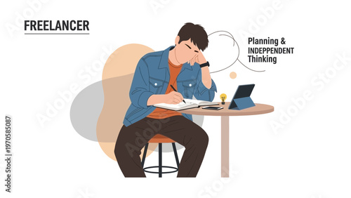 Freelancer working at desk, planning and independent thinking, remote work concept