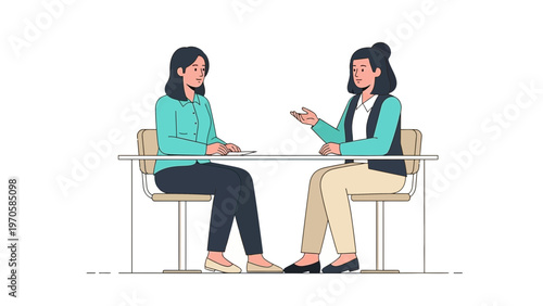 Two women in business attire discussing at a table, interview or meeting concept