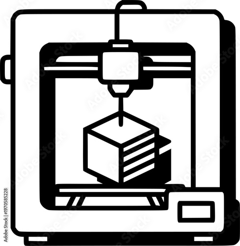 Black and white 3d printer icon depicting printing process with cube
