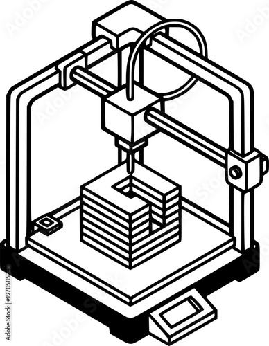 Black and white 3d printer icon depicting printing process with cube
