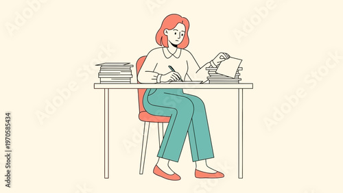 Woman Working at Desk with Piles of Paperwork, Studying or Overwhelmed