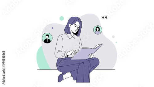 HR manager reviewing candidate profiles on a digital device, modern illustration
