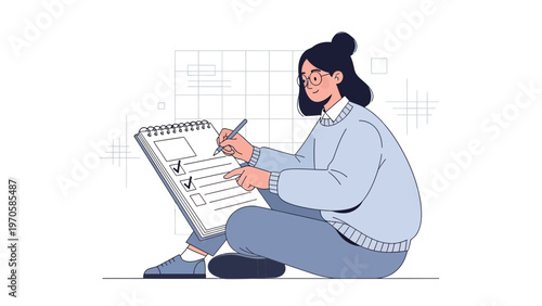 Woman checking tasks on a checklist, planning, productivity, organization, flat design illustration