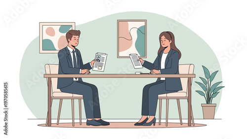 Job Interview: Man and Woman in Business Attire Discussing Resumes at Desk
