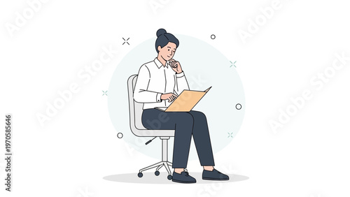 Focused businesswoman working on laptop in office chair, thoughtful pose, modern illustration