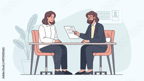 Job Interview: Woman Applicant and Interviewer Discussing Resume at Desk