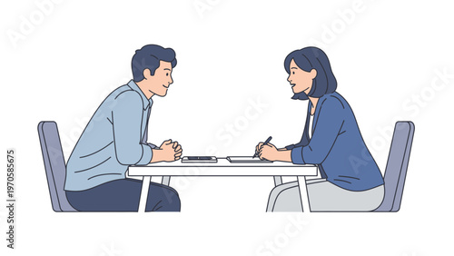 Job Interview: Man and Woman Discussing at Table, Business Meeting
