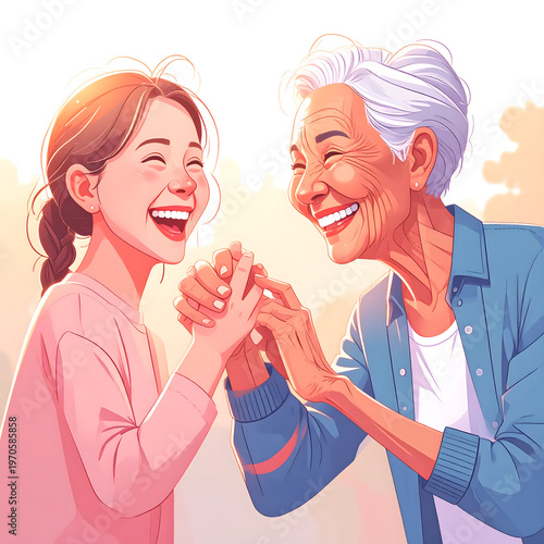 Tender Grandmother and Granddaughter Sharing Laughter in Warm Golden Hour Light with Copy Space