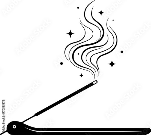 Minimalist incense stick design with smoke and sparkles on holder
