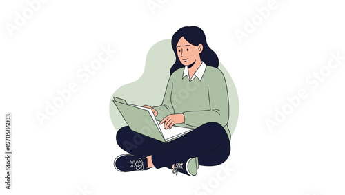 Young woman sitting cross-legged on floor using laptop, remote work, study, online education concept
