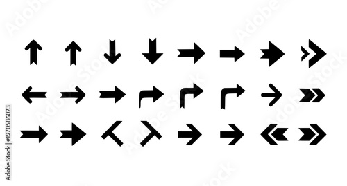 A set of black arrow icons on a white background for navigation and direction