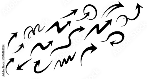 A collection of black arrows pointing in various directions on a white background