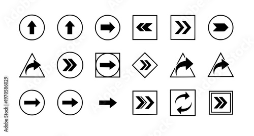 A set of black and white directional arrows and signs in various shapes and symbols for navigation and guidance