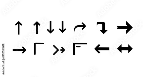 A set of black arrows and direction symbols in a flat, minimalist design style