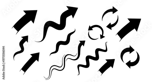 A set of black arrows and curved pointers on a white background