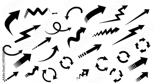 A collection of black arrows and pointers in various styles and directions on a white background