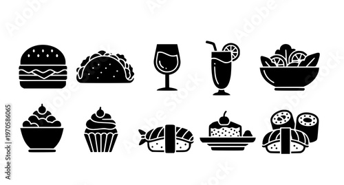 A set of black and white food icons including burgers, tacos, sushi, and desserts