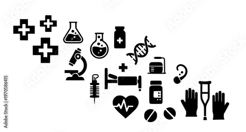 A collection of medical icons and symbols in a flat, minimalist design style