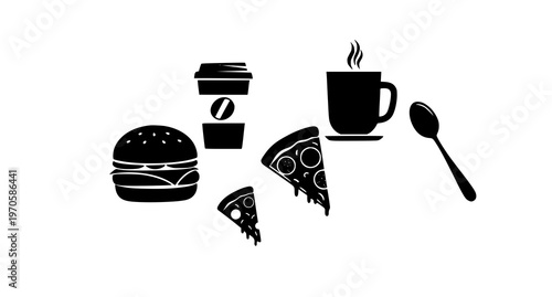 A black and white vector graphic illustration of food and drink icons including a hamburger, pizza, coffee cup, and spoon.