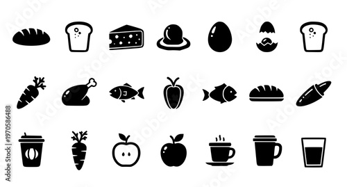 A set of black and white vector icons depicting various food and drink items