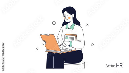 HR professional working on laptop with documents, modern flat illustration