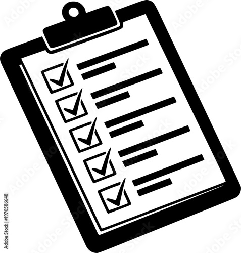 Checklist icon on clipboard with check marks and lists in black and white
