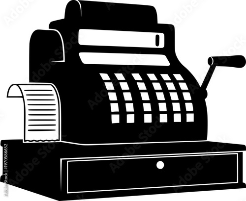 Vintage cash register silhouette with display and receipt icon
