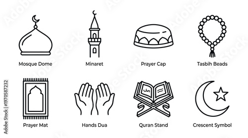 Islamic worship icons, mosque dome, minaret, prayer cap, tasbih, rug, Quran, crescent, devotion, faith