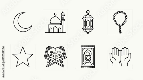 Eid al-Fitr and Eid al-Adha icons, mosque, lantern, crescent, Quran, prayer beads, doorway, devotion