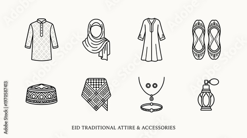 Eid attire icons, kurta, hijab, abaya, shoes, cap, scarf, jewelry, perfume, festive fashion, tradition