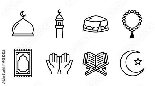 Islamic worship icons, mosque dome, minaret, prayer cap, tasbih, rug, Quran, crescent, devotion, faith